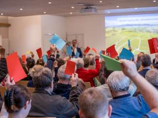Eine Gruppe von Personen sitzt in einem Saal. Sie halten bunte Zettel in die Höhe für eine Abstimmung.