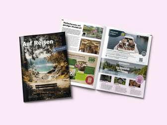 Titelseite und Inhalt des Magazins "Auf Reisen". Eine halbe Seite ist mit einem Inserat vom Schaffhauserland bedeckt.